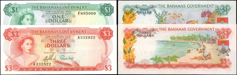 BAHAMAS. Bahamas Government. 1 and 3 Dollars, 1965. P-18b & 19a. Uncirculated.
...