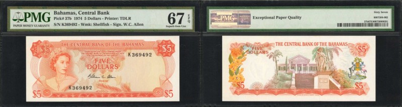 BAHAMAS. Central Bank of the Bahamas. 5 Dollars, 1974. P-37b. PMG Superb Gem Unc...
