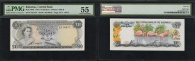 BAHAMAS. Central Bank of the Bahamas. 10 Dollars, 1974. P-38b. PMG About Uncirculated 55.
Printed by TDLR. Watermark of shellfish. Signature of W.C. ...