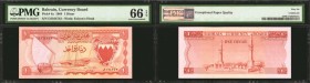 BAHRAIN. Currency Board. 1 Dinar, 1964. P-4a. PMG Gem Uncirculated 66 EPQ.
Watermark of falcons head. Ships on front, with one at full sail. Printed ...