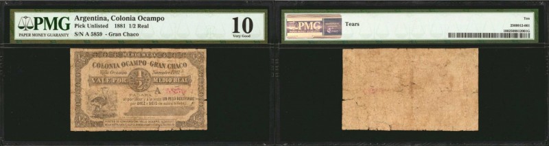 ARGENTINA. Colonia Ocampo. 1/2 Real, 1881. P-Unlisted. PMG Very Good 10.
Gran C...