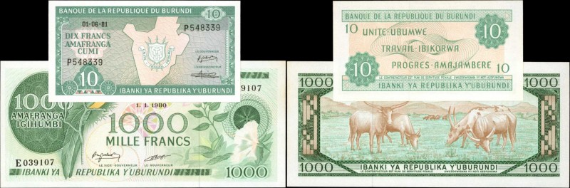 BURUNDI. Banque de la Republique du Burundi. 10 & 1000 Francs, 1980-81. P-31 & 3...