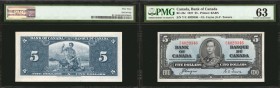 CANADA. Bank of Canada. 5 Dollars, 1937. BC-23c. PMG Choice Uncirculated 63.
Printed by BABN. Light blue ink stands out on Coyne-Towers signed Bank o...