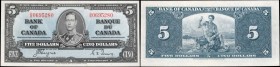 CANADA. Bank of Canada. 5 Dollars, 1937. BC-23c. About Uncirculated.
This AU 1937 Five is in light blue ink, with bold details still pleasing.
Estim...