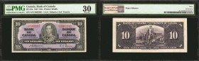 CANADA. Bank of Canada. 10 Dollars, 1937. BC-24a. PMG Very Fine 30.
Deep purple ink stands out on the front and back of this 10 Dollar note. PMG comm...