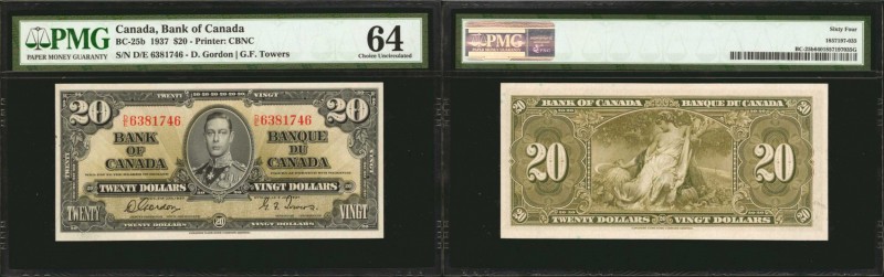 CANADA. Bank of Canada. 20 Dollars, 1937. BC-25b. PMG Choice Uncirculated 64.
P...
