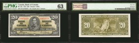CANADA. Bank of Canada. 20 Dollars, 1937. BC-25c. PMG Choice Uncirculated 63.
Printed by CBNC. This French Text Coyne-Towers 20 displays well with ol...