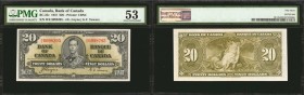 CANADA. Bank of Canada. 20 Dollars, 1937. BC-25c. PMG About Uncirculated 53.
Printed by CBNC. King George VI at center, flanked on the left by Englis...