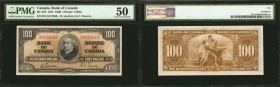 CANADA. Bank of Canada. 100 Dollars, 1937. BC-27b. PMG About Uncirculated 50.
Printed by CBNC. A high denomination Bank of Canada note, found with br...