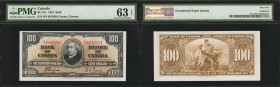 CANADA. Bank of Canada. 100 Dollars, 1937. P-BC-27c. PMG Choice Uncirculated 63 EPQ.
A high denomination 100 Dollar note, seen on fully original and ...