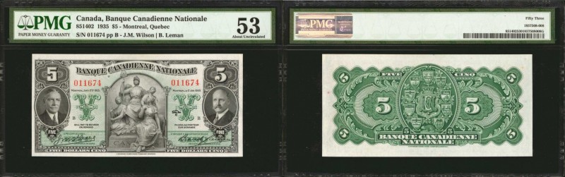CANADA. Banque Canadienne Nationale. 5 Dollars, 1935. CH#85-14-02. PMG About Unc...