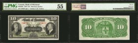 CANADA. Bank of Montreal. 10 Dollars, 1938. CH#505-62-04. PMG About Uncirculated 55.
Olive green ink seen on face, with ornate "X" at center. Portrai...