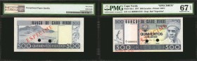 CAPE VERDE. Banco de Cabo Verde. 500 Escudos, 1977. P-55s1. Specimen. PMG Superb Gem Uncirculated 67 EPQ.
Red "Especime" overprint. Printed by BWC.
...