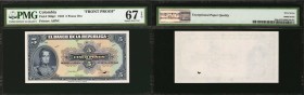 COLOMBIA. Banco de la Repulica. 5 Pesos, 1942. P-386p1. Front Proof. PMG Superb Gem Uncirculated 67 EPQ.
A colorful front proof for a 5 Pesos note. S...