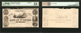DANISH WEST INDIES. Bank of St. Thomas. 100 Dollars, 18xx. P-11RP. Reprint. PMG About Uncirculated 53 Net. Paper Damage.
A reprint of a Danish West I...