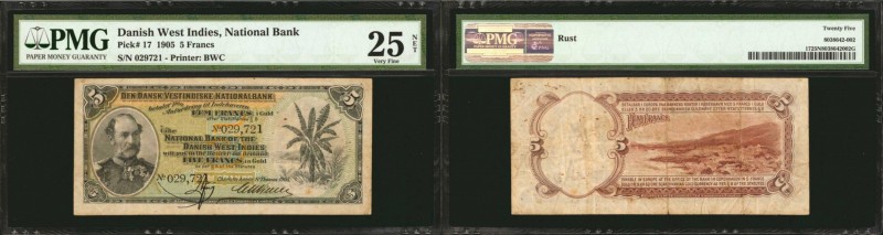 DANISH WEST INDIES. National Bank. 5 Francs, 1905. P-17. PMG Very Fine 25 Net. R...