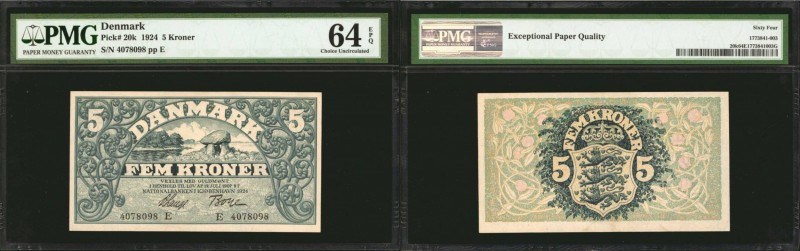 DENMARK. Nationalbanken. 5 Kroner, 1924. P-20k. PMG Choice Uncirculated 64 EPQ....