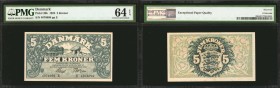 DENMARK. Nationalbanken. 5 Kroner, 1924. P-20k. PMG Choice Uncirculated 64 EPQ.
A nearly Gem example of this 5 Kroner note. Found with wide margins a...