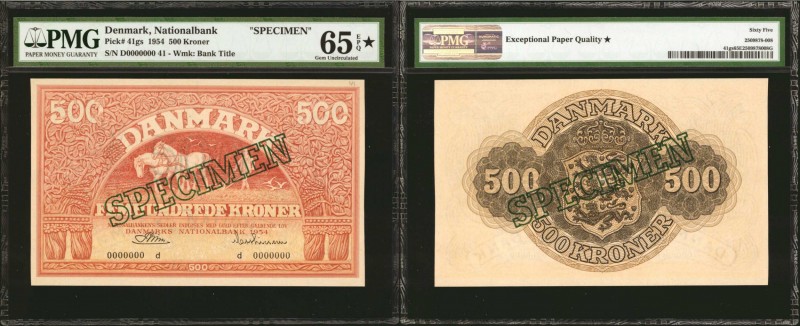 DENMARK. Denmarks Nationalbank. 500 Kroner, 1954. P-41gs. Specimen. PMG Gem Unci...