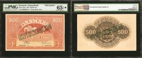 DENMARK. Denmarks Nationalbank. 500 Kroner, 1954. P-41gs. Specimen. PMG Gem Uncirculated 65 EPQ*.
Pristine condition found on this ultra high 500 Kro...