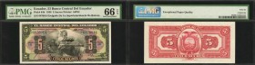 ECUADOR. El Banco Central Del Ecuador. 5 Sucres, 1938. P-84b. PMG Gem Uncirculated 66 EPQ.
Printed by ABNC. Overprint seen at center on this watermel...