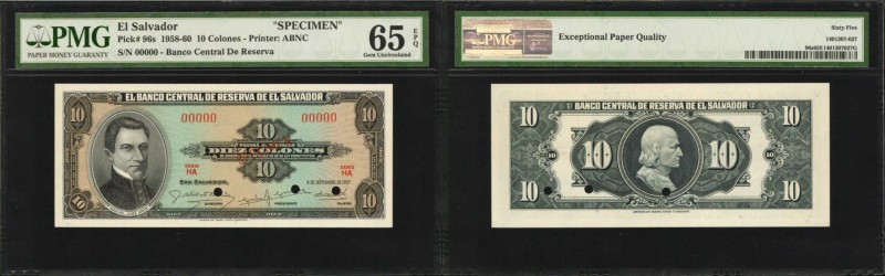 EL SALVADOR. Central de Reserva de El Salvador. 10 Colones, 1958-60. P-96s. Spec...