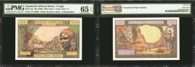 EQUATORIAL AFRICAN STATES. Banque Centrale. 500 Francs, ND (1963). P-4g. PMG Gem Uncirculated 65 EPQ.
Congo. Code letter "C." Watermark of womans hea...