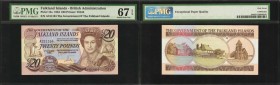 FALKLAND ISLANDS. British Administration. 20 Pounds, 1984. P-15a. PMG Superb Gem Uncirculated 67 EPQ.
Printed by TDLR. Penguins at left and seal at r...