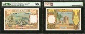 FRENCH AFARS & ISSAS. Tresor Public. 5000 Francs, ND (1969). P-30. PMG About Uncirculated 55.
Djibouti. Watermark of Rams head at right. Colorful and...
