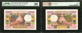 FRENCH AFARS & ISSAS. Tresor Public. 1000 Francs, ND (1974). P-32. PMG About Uncirculated 50.
Djibouti. Pink, green ,and yellow ink stands out on the...