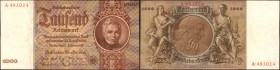 GERMANY. Reichsbank. 1000 Reichsmark, 1936. P-184. About Uncirculated.
Dark brown inks stand out on this German note. Seen with swastika at center. P...