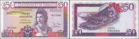 GIBRALTAR. Government of Gibraltar. 50 Pounds, 1986. P-24. Uncirculated.
QEII on face, seaside city on reverse. Bright colors and milky white paper s...