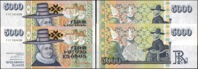 ICELAND. Seðlabanki Íslands. 5000 Kronur, 2001. P-60. Consecutive. Uncirculated.
2 pieces in lot. A consecutive pairing of these 5000 Kronur notes.
...