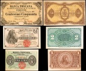 ITALY. Banca Toscana. 50 centesimi, 1 & 2 Lire, 1870. P-Unlisted. About Uncirculated.
3 pieces in lot. A trio of Unlisted Banca Toscana notes. All ar...