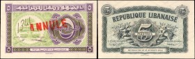 LEBANON. Republique Libanaise. 5 Piastres, 1942. P-34. Choice About Uncirculated.
Purple and green ink seen on the face of the note, with red "ANNULE...