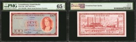 LUXEMBOURG. Grand-Duche de Luxembourg. 100 Francs, 1956. P-50a. PMG Gem Uncirculated 65 EPQ.
Grand Duchess Charlotte at right on face. Steelworks bui...