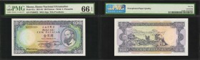 MACAU. Banco Nacional Ultramarino. 100 Patacas, 1981-84. P-61a. PMG Gem Uncirculated 66 EPQ.
A rainbow of colors is found on the face of this 100 Pat...