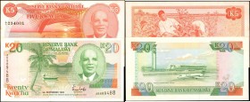 MALAWI. Reserve Bank of Malawi. 5 & 20 Kwacha, 1983-90. P-15e & 26. About Uncirculated to Uncirculated.
2 pieces in lot. Includes P-15e 5 Kwacha & P-...