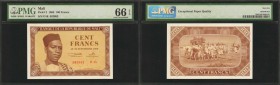 MALI. Banque de la Republique du Mali. 100 Francs, 1960. P-2. PMG Gem Uncirculated 66 EPQ.
Wonderful color and detail are seen throughout this 100 Fr...