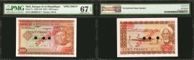 MALI. Banque de la Republique. 100 Francs, 1960 (ND 1967). P-7s. Specimen. PMG Superb Gem Uncirculated 67 EPQ.
Printed by TDLR. Red specimen overprin...