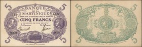 MARTINIQUE. Banque de la Martinique. 5 Francs, 1901 (1934-1945). P-6(2). Extremely Fine.
Man and woman seen on the face of the note, with woman on th...