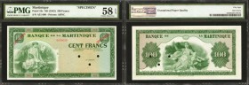 MARTINIQUE. Banque de la Martinique. 100 Francs, ND. P-19s. Specimen. PMG Choice About Uncirculated 58 EPQ.
SPECIMEN stamped twice diagonal in red on...