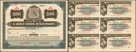 MEXICO. El Banco Espanol Refaccionario. 100 Pesos, 19xx. P-Unlisted. Specimen Bond. About Uncirculated.
A specimen bond for 100 Pesos. Seen with divi...