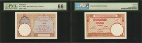 MOROCCO. Banque D'Etat Du Maroc. 5 Francs, 1922 (1941 Issue). P-23Aa. PMG Gem Uncirculated 66 EPQ.
Watermark of lion at left, light blue design at ri...