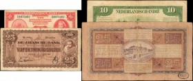NETHERLANDS INDIES. Mixed Banks. 10 & 25 Gulden, 1926-43. P-71a & 114. Very Fine.
2 pieces in lot. A duo of Netherlands Indies notes, both of which a...