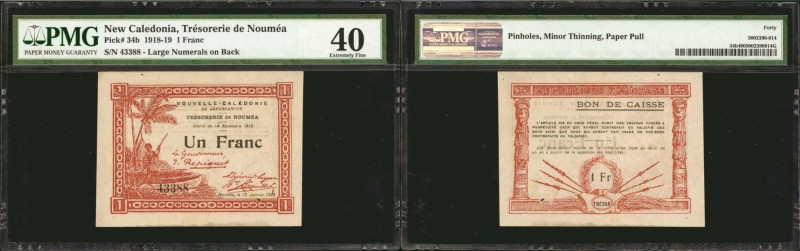 NEW CALEDONIA. Tresorerie de Noumea. 1 Franc, 1918-19. P-34b. PMG Extremely Fine...