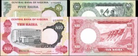 NIGERIA. Central Bank of Nigeria. 5 & 10 Naira, ND (1973-1978). P-16b & 17b. Choice Extremely Fine to Choice About Uncirculated.
2 pieces in lot. Lot...