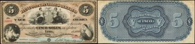 PERU. Banco de Londres Mexico y Sudamérica. 5 Soles, 1866. P-S272s. Specimen. Uncirculated.
Children seen at left, with female at right and allegoric...
