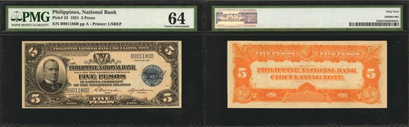 PHILIPPINES. National Bank. 5 Pesos, 1921. P-53. PMG Choice Uncirculated 64.
Pr...