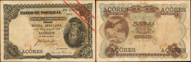 AZORES. Banco de Portugal. 2500 Mil Reis, 1909. P-8b. Very Fine.
Alfonso de Alb...